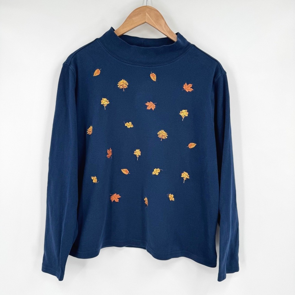 Studio Works Navy Blue‎ Long Sleeve Mock Neck Embroidered Leaf Shirt Women's XL